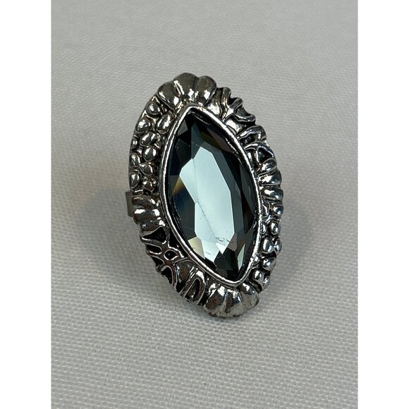 Unbranded Jewelry - Vintage Silver Tone Ring Marquise Cut Black Stone Adjustable